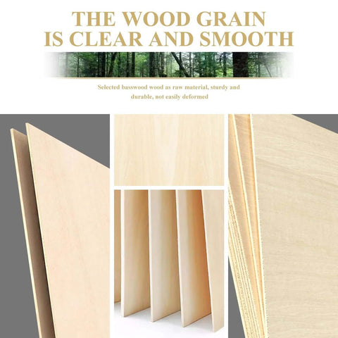 Basswood sheets, 12x12 in, 1/8 in (3 mm) thick, unfinished; 36-pack shown in collage for crafting