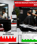 Two Pack Hair Clipper Oil Lubricant For Clippers And Trimmers, Smooth Glide Formula bottle with noise reduction charts in a barbershop setting.