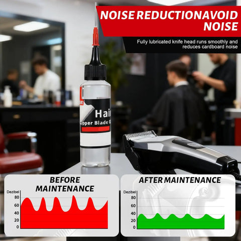Two Pack Hair Clipper Oil Lubricant For Clippers And Trimmers, Smooth Glide Formula bottle with noise reduction charts in a barbershop setting.