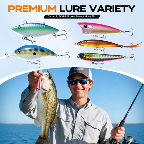 Angler holding fish with rod, showcasing premium lures. Camo Fishing Backpack With Tackle Box Kit And Rod Holders.