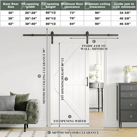 Sliding Barn Door Kit With Pre Drilled Holes And No Fuss Easy Assembly 42 By 84 Inch White MDF Slab With Waterproof Paint Finish Includes 7 Foot Sliding Hardware And Sturdy K Shaped Frame For Quick Install installed in a room setting