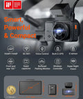 Dual Front And Rear Dash Cam With 2.7K Plus 2.7K Recording and STARVIS Sensors displayed with features and dimensions.
