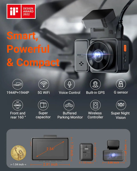 Dual Front And Rear Dash Cam With 2.7K Plus 2.7K Recording and STARVIS Sensors displayed with features and dimensions.