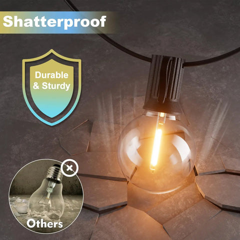 Outdoor LED String Lights 100 Ft with Dimmable, Shatterproof Bulbs, Waterproof and Connectable for Deck Porch Patio, bulb demonstration