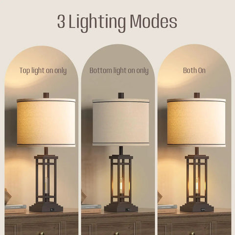 3 lighting modes of 27.5 Inch Tall Farmhouse Table Lamps Set Of 2 With USB C And USB A Charging Ports Rustic Industrial Black End Table Lamps