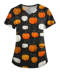 Plus Size Halloween Shirts For Women With Pockets Spooky Pumpkin Ghost Bat Witch Print Stretchy V Neck Tops Fade Resistant Graphic Tee For Trick Or Treat Comfortable Fall Wear with orange and white pumpkin pattern.