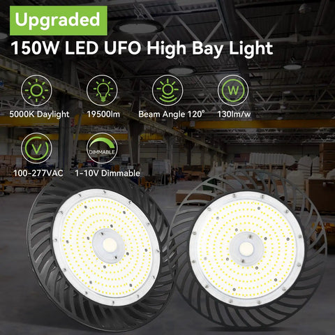 Led High Bay Light 150W 19,500 Lumen 5000K Dimmable 0 to 10V in warehouse setting with focus on LEDs