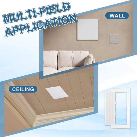 Top Shelf Drywall Access Panel And Wall Hole Cover Fits 12 By 6 Inches shown in wall and ceiling installations for utility access.