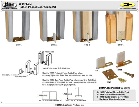 Hidden Pocket Door Guide Kit 2041PLBG With 2 Posts, Keeps The Guide Hidden In The Wood Door Groove, Brass Aluminum Finish, Diagram