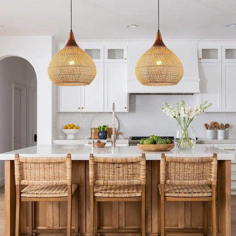 Hand Woven Rattan Pendant Light With Sturdy Wood Frame, 15 Inch Boho Ceiling Fixture For Kitchen Island And Dining Room, showcasing cozy lighting over a kitchen island.