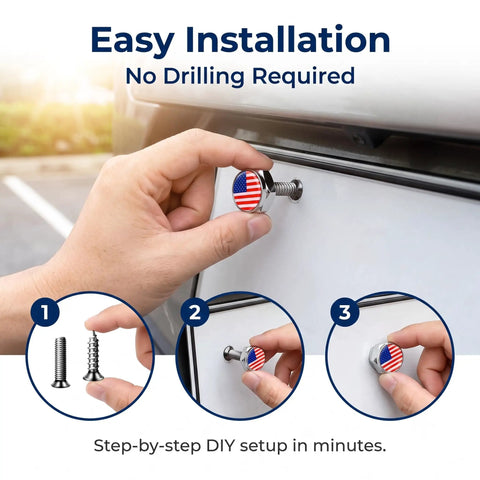 Road Ready 4 Piece American Flag Decorative License Plate Bolt Kit installation steps with theft resistant bolts in use.