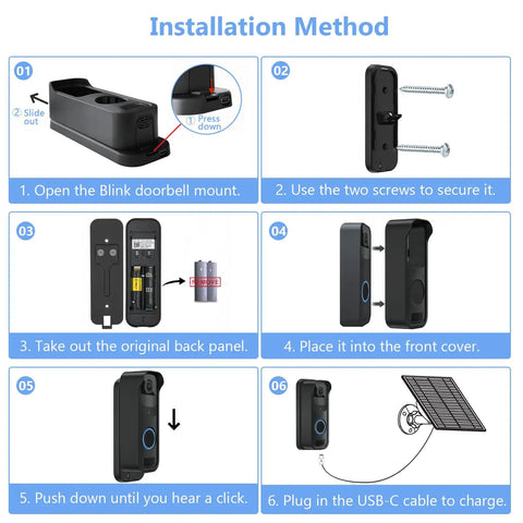 Installation method for 2W Solar Panel Charger For Blink Doorbell With USB C 5V Output, IP65 Waterproof Outdoor Solar Power Kit.