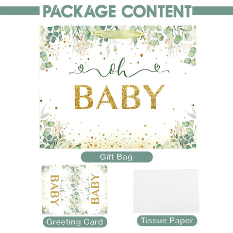 13 Inch Large Baby Gift Bag For Baby Shower Or Birthday With Sturdy Handle Includes Tissue Paper And Greeting Card In Vibrant Green Unisex Design Perfect For Wrapping Gifts For Baby Boy Or Girl At Parties showing package content