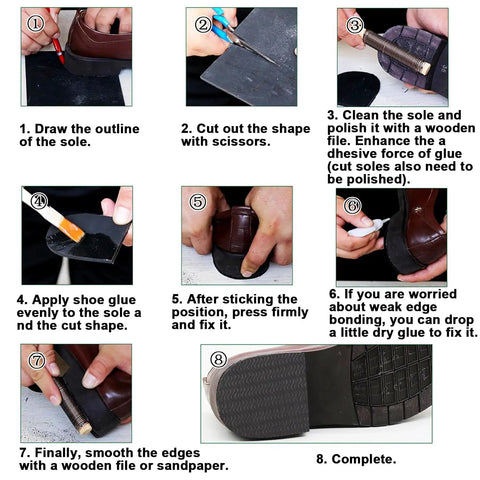 Step-by-step guide for applying Heavy Duty Heel Patch Sheet For Shoes Black Corrugated Rubber Repair Pad Cut To Fit Sole Bottom Patch.