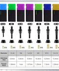 Front view of rivet nut tool mandrel set with colored caps, 10 nuts per size (10-24, M6, 1/4-20, M8, M10, 3/8-16) and brass inserts