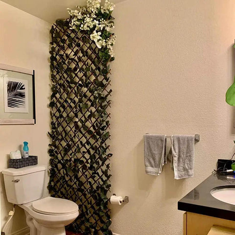 Expandable Faux Ivy Fence Privacy Screen For Patio And Outdoor Spaces with willow wicker in bathroom setting