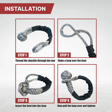 Installation steps for Beefy Soft Shackle Half Inch By 22 Inch 2 Pack 55000 Lb Max Strength Recovery Rope With Sleeves.