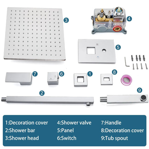 Components of Polished Chrome Tub And Shower Faucet Set With Eight Inch Rain Shower Head Wall Mounted High Pressure Shower System