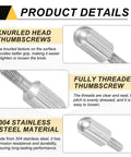 4 Pack Knurled Thumb Screws M3 X 6mm Stainless Steel 304 Flat Head Knurled Grip Bolts For Lighting Electronics Household And Machine Projects Fasteners Silver product details with knurled grip and threads visualized