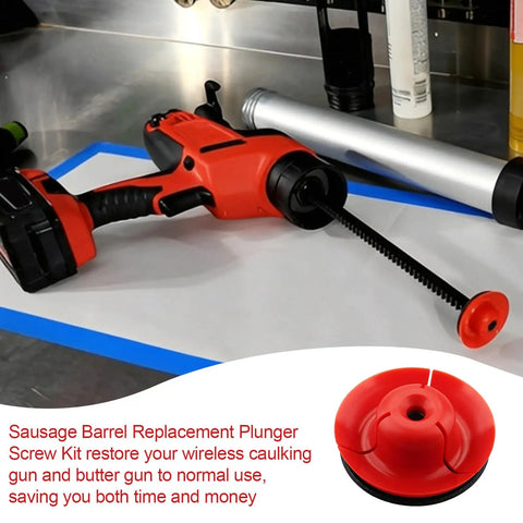 No Hassle 2 Set Grease Gun Plunger Screw Kit 44 70 0375 for 20 Oz Sausage Barrels, red plunger and cordless tool on workspace.