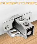 35mm Short Arm Inset Hinges Featuring Breezy Soft Close Hydraulic Damper For Hidden Cabinet And Wardrobe Doors Smooth Glide Action And Straightforward Single Plate Setup Zero Guesswork Alignment, showing a chrome short arm hinge.