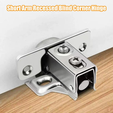 35mm Short Arm Inset Hinges Featuring Breezy Soft Close Hydraulic Damper For Hidden Cabinet And Wardrobe Doors Smooth Glide Action And Straightforward Single Plate Setup Zero Guesswork Alignment, showing a chrome short arm hinge.