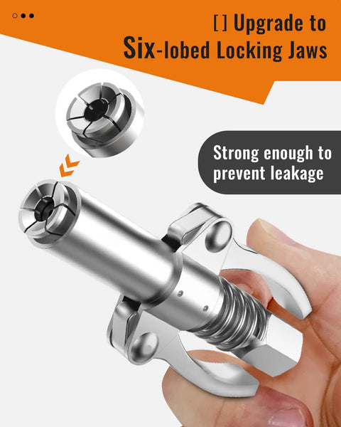 Close-up of Heavy Duty Grease Gun Coupler with Six Lobed Locking Jaws and Gasket, dual handle quick release, upgraded to 12,000 PSI.