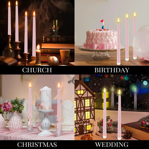 24 Pack Flameless Taper Candles 11 Inch LED Flickering Battery Operated Pink Realistic Candlelight for events
