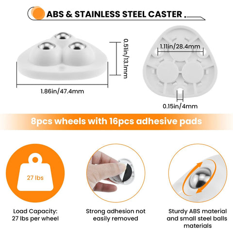 Dimensions and features of Mini Self Adhesive Caster Wheels 360 Degree Swivel Ball Transfer Rollers for Small Appliances, 8 pack