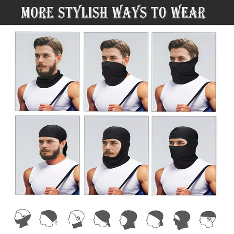 6 Pack Ride Ready Lightweight Full Face Ski Masks Balaclavas for Men and Women, UV protection, showing multiple wearing styles, black.