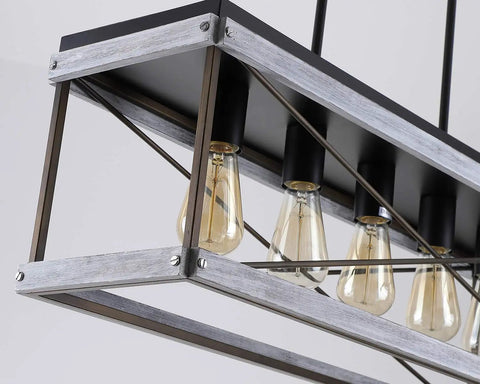 Close-up of Industrial Farmhouse 5 Light Kitchen Island Pendant in wood and metal with visible bulbs and black finish