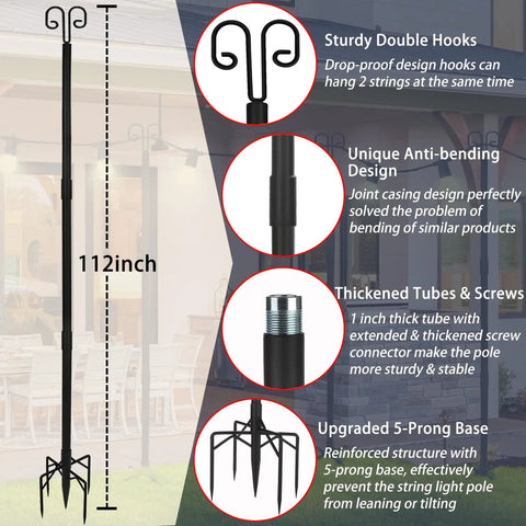 Heavy Duty Outdoor String Light Poles 2 Pack, 9.3 Ft Tall Adjustable Metal Stands With Hooks For Hanging String Lights, Rust Resistant Coating For Weatherproof Backyard Garden Patio Parties And Weddings
