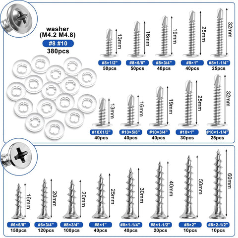 Wood Screws Assortment Kit With Eighteen Sizes Including 6 8 10, 410 stainless and zinc plated screws with washers