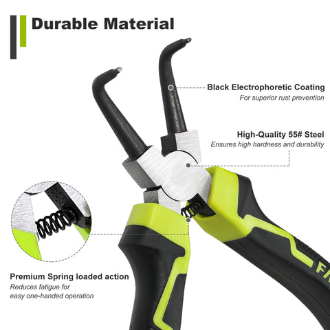 Close-up of Pro Grade 4-Piece Snap Ring Pliers Kit featuring bent jaw pliers with durable steel and spring-loaded action details.