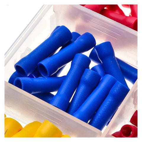 Get Your Hands On This 300 Piece Set Of Red Blue And Yellow Cold Pressed Butt Splice Terminals For Easy Male Female Wire Connections That Are Built To Last With A Handy Storage Box Included For All Your DIY Electrical Fixes And Car Repairs. Blue butt splice terminals in storage box