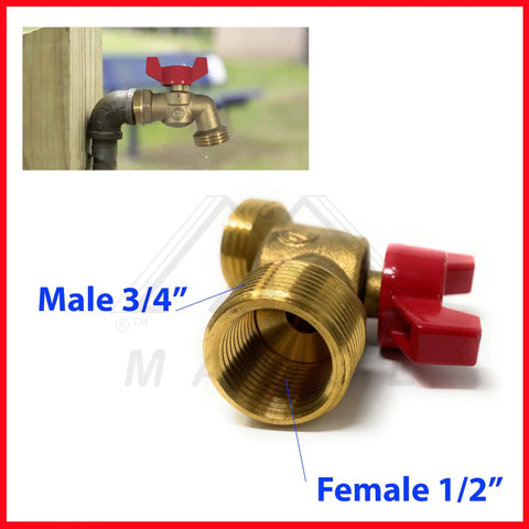 Brass ball valve with three quarter inch NPT inlet and hose outlet, featuring effortless quarter turn shutoff for gardens and patios