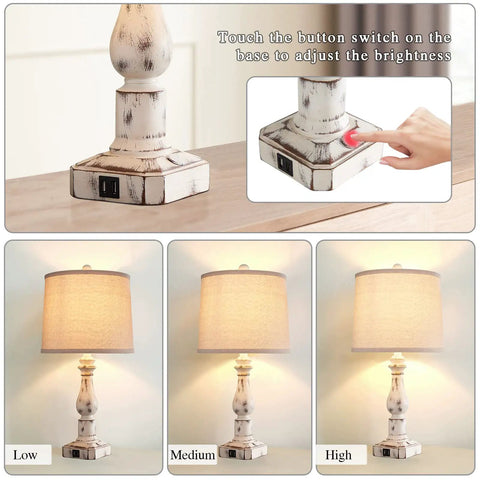 Touch Control Rustic Table Lamps Set of 2 with Dual USB Ports 3 Way Dimmable Vintage Bedside Lamps Antique White Resin Finish Linen Shade Perfect for Bedroom and Living Room Includes 2 Bulbs