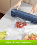 Person using vacuum sealer on BPA-free bag with meat, Premium Vacuum Sealer Bags 6 Pack With 3 Rolls 11x20 And 3 Rolls 8x20