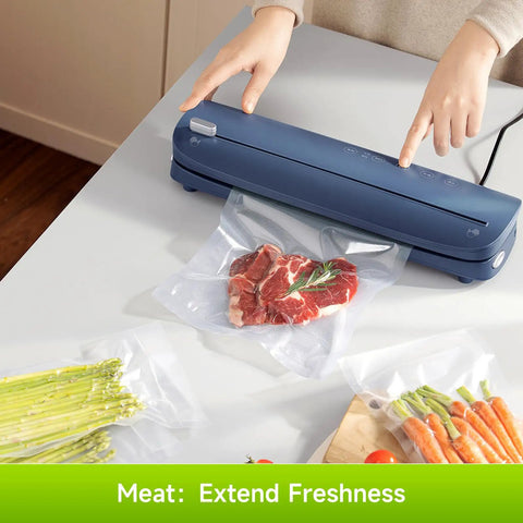 Person using vacuum sealer on BPA-free bag with meat, Premium Vacuum Sealer Bags 6 Pack With 3 Rolls 11x20 And 3 Rolls 8x20