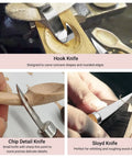 Starter Friendly Wood Whittling Kit For Adults And Beginners With 3 Whittling Knives 8 Basswood Blocks Safe Gloves And Walnut Handle Tools A Totally Fun Carving Set For Christmas Gifts Fathers Day And Mothers Day DIY Woodcraft Projects showing hook knife, chip detail knife, and sloyd knife in use