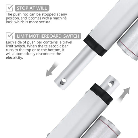 Diagram showing features of 12V Heavy Duty Linear Actuator 330 LBS 1500N Silent Waterproof IP54 with mounting brackets