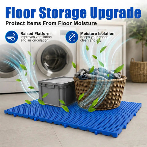 Lightweight Nestable Plastic Pallet Grid Pad for floor storage in balcony garage and basement rooms with ventilated open mesh surface.