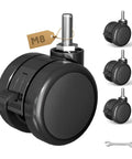 Top Shelf Standing Desk Casters With Lockable M8 Stem Rollers Built For Heavy Loads view of single caster with tag and wrench.