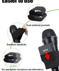 Elastic Handheld Microphone Sleeve For Rode Wireless GO II ME PRO System attached to handheld mic, showing dual pockets