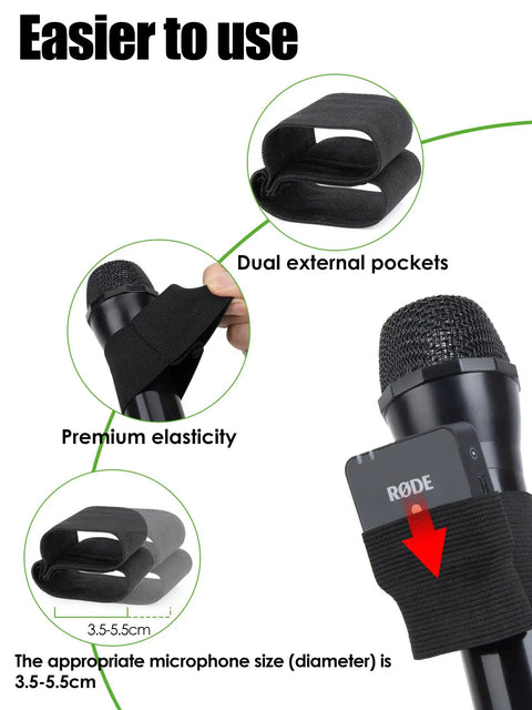 Elastic Handheld Microphone Sleeve For Rode Wireless GO II ME PRO System attached to handheld mic, showing dual pockets
