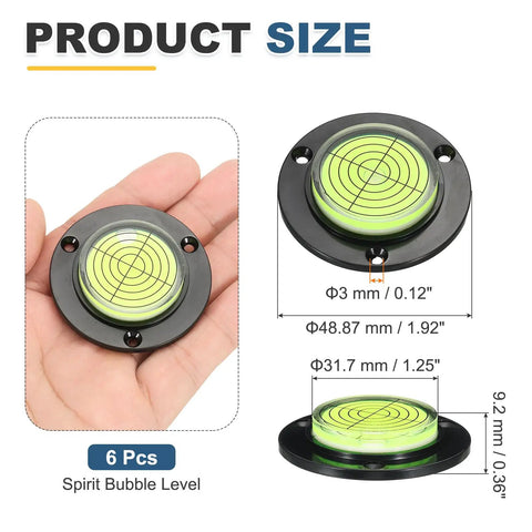 Nexarelle 6pcs Round Bubble Level D:48.9mm, H: 9.2mm Black Green in hand, showing size and detail.