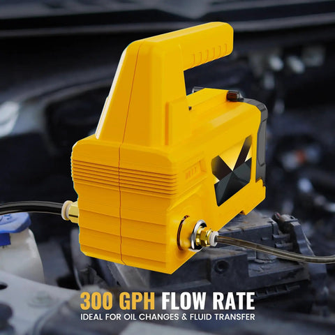 Yellow Oil Change Pump Extractor For 20V Max Batteries Cordless Transfer Pump 120W 300GPH Self Priming pictured in automotive setting