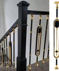 Heavy Duty Cuttable Aluminum Balusters Featuring Adjustable Angles And Tough Base Plates Decorative Oval Stair Spindles For Deck Balcony Railings 10 Pack Snap Fit Setup with black and gold finish.