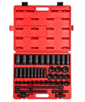 Forty Three Piece One Half Inch Drive Impact Socket Set Built Tough With Chromoly Steel Construction Radius Corner Design Chamfered Opening And Dual Size Markings For Easy Alignment And Heavy Duty High Torque Fasteners in red case