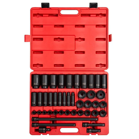 Forty Three Piece One Half Inch Drive Impact Socket Set Built Tough With Chromoly Steel Construction Radius Corner Design Chamfered Opening And Dual Size Markings For Easy Alignment And Heavy Duty High Torque Fasteners in red case